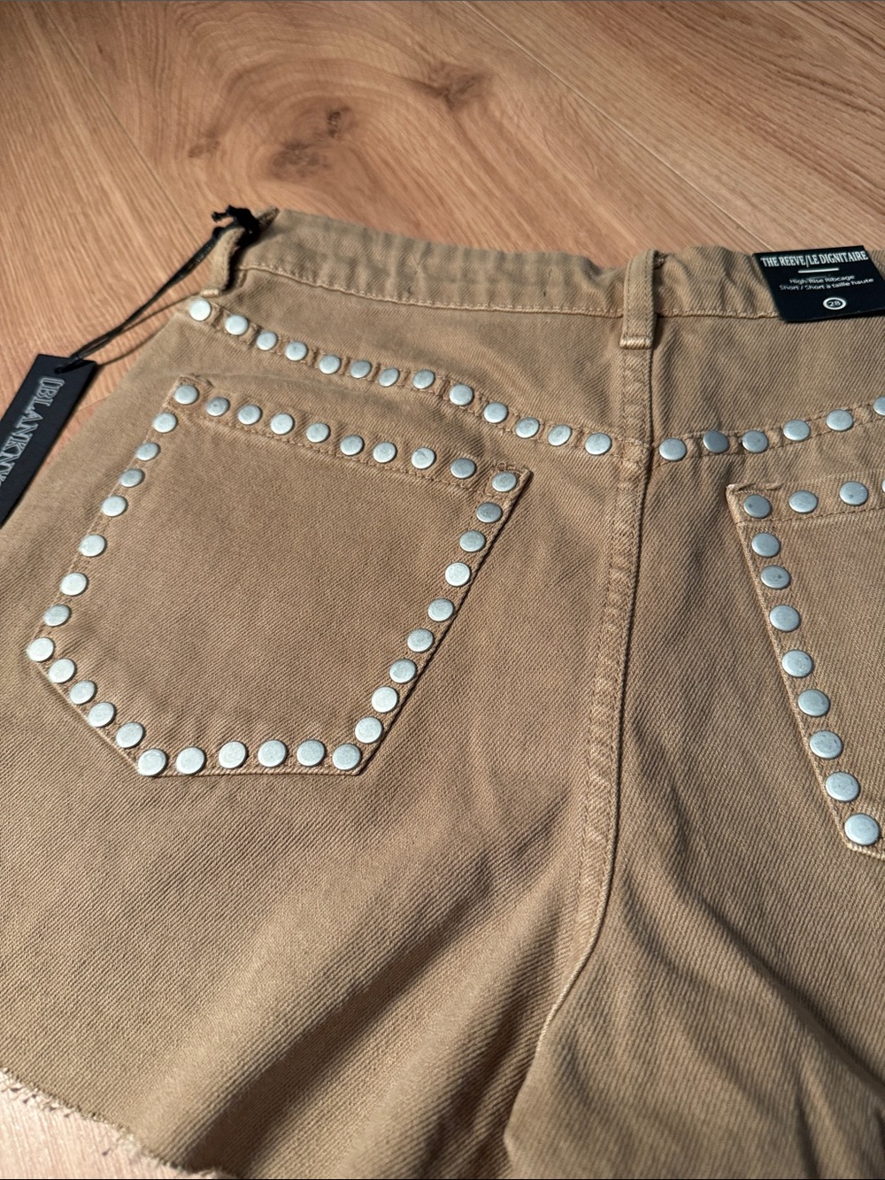 Blank NYC Tan Studded Distressed Denim Shorts
